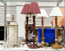 Two pairs of wooden column table lamps, a square ceramic table lamp with a cream finish and a