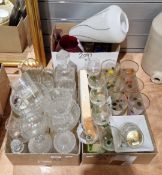 Collection of mixed glassware including hock glasses, mid-century tumblers decorated in different