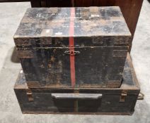 Early 20th century black painted pine trunk, probably military issue, 40cm high x 61cm wide and