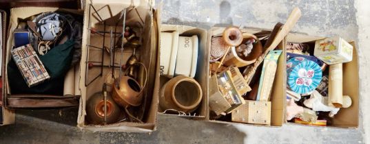 Quantity of assorted items including wooden Swiss chalet music boxes, a leather briefcase, cushion
