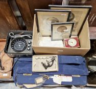 Mixed lot of collectables including a vintage stowaway folding suitcase, microscope, carriage clock,
