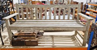 Teak garden bench with slatted back and seat, 156cm wide  Height 82cm, width 154cm, depth 56cm