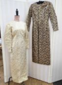 Gold brocade and cream full-length evening dress, round neck, full sleeves, similar with black and