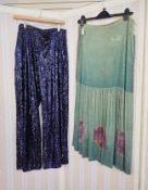 Possibly 1920's skirt adapted from a dress, shades of green with printed roses around the skirt,