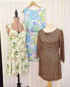 Various dresses, including Jaeger silk shift dress with a boat neck, size 12, printed in browns,
