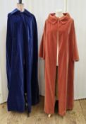 A blue velvet evening cape, labelled Hyde Group made in Hong Kong, a burnt orange velvet evening