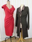 A Sonia Zilkha red wool cocktail dress, draped front, draped detail to the shoulders, capped