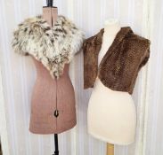 A small coney jacket dyed with a chevron design, lacking its lining, sleeveless, a fox fur collar,