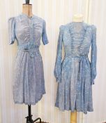 Various vintage dresses, blue flower printed 1940's dress, front pockets, ruffled front to the