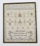 Early 19th century embroidered sampler on linen with verse, house, birds and flowers, inscribed '