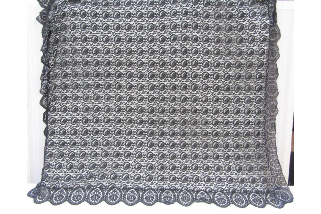 A vintage black lace shawl, a large length of black lace with scalloped edge possibly a shawl or a - Image 4 of 6