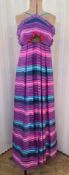 A John Bates silk evening gown, stripes, purple, pink, turquoise, with spaghetti straps, back zip,
