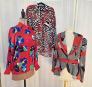Mickael Zaken black and red patchwork silk jacket, red loop and button fastening to the front,