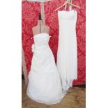 Cream wedding dress labelled 'Chanticleer' with a ruched bodice, plaited faux pearl detail to the