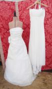 Cream wedding dress labelled 'Chanticleer' with a ruched bodice, plaited faux pearl detail to the