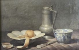 Johannes Hendrik Eversen (1906-1995), oil on canvas, Still life with pewter flagon, Delft bowl and