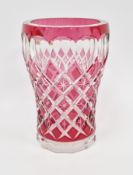 Val St Lambert cut glass vase of tapering form, cased in ruby red over clear, heavily cut with
