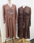 Late 1940's brown wool dress with a deep collar with insert, embroidered with small white square