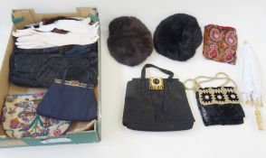 Various vintage evening bags to include faux jet, embroidered, blue fabric with silver coloured