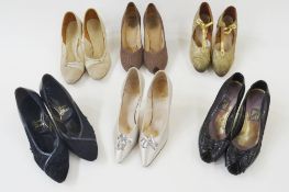 Vintage shoes to include black lace and leather labelled Physical Culture, a pair of brown fabric