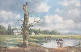 John Trickett, oil on canvas, Cattle watering with barn and church in background, signed lower left,