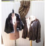 Pale brown mink stole, silk lining, embroidered with the initials JRB, a Calman Links faux-fur black