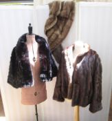 Pale brown mink stole, silk lining, embroidered with the initials JRB, a Calman Links faux-fur black