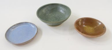 Group of studio pottery, comprising: a green-blue flambe glazed stoneware bowl, impressed MB mark,