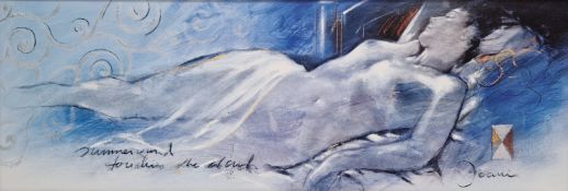 Joani (20th century) Oil on panel 'Summer Wind Touches the Dark', portrait of a reclining nude