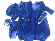 Two dark blue velvet bridesmaid dresses, in two different sizes, a maroon velvet cloak with later