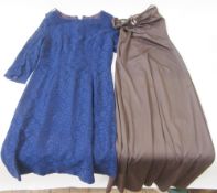 Three boxes of assorted ladieswear to include a blue crimplene suit labelled 'Fulton, London', a