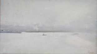 Angela Connor (b.1935), oil on board, Estuary scene, probably East River with vessel in distance,