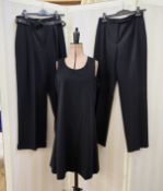 Emporio Armani cashmere and wool black sleeveless shift dress, Emporio Armani black trousers, and