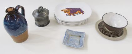 Group of studio pottery, including: a stoneware blue and red flambe glazed flagon, indistinct