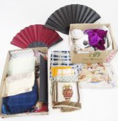 A large quantity of vintage scarves and handkerchiefs, pair of glove stretchers, two paper fans,