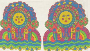 Swedish fabric pop art panel, printed on fabric, two stylised half-length figures with star, heart