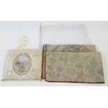 Two linen embroidery cloths printed with the embroidery pattern, one blue rickrack wool trim, the