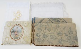 Two linen embroidery cloths printed with the embroidery pattern, one blue rickrack wool trim, the