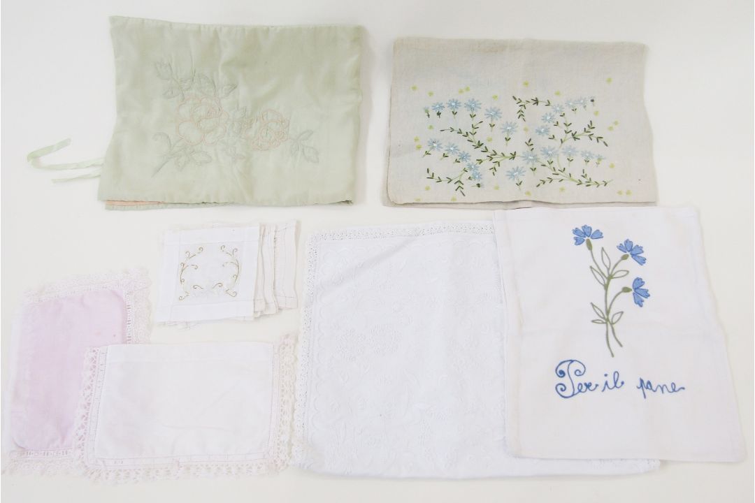 Embroidered nightdress cases, lace collars, four large faux pearl dress embellishments and part of a - Image 2 of 2