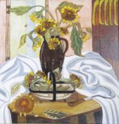 Helen Trevelyan, oil on board, sunflowers in large brown jug and a trug, on table, verso painting