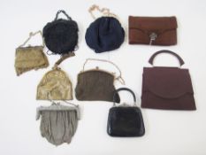 A collection of evening bags to include a black embroidered bag with gilt metal fixed frame