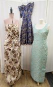 1960's brocade evening dress, raised gold coloured decoration on turquoise ground, size 14, a