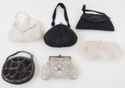 Various mid-century evening bags to include a black suede bag with diamante detail, the handle