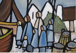 Mary Lou (20th-21st century) Oil on canvas Figures before boats, signed lower right, 21 cm x 30 cm