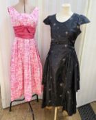 Pink and white cotton dress, with a half cummerbund design to the front of the bodice, square