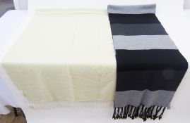 A black and grey striped Mulberry oversized woollen scarf with black and grey fringes, a yellow