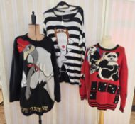 Quantity 1980's fun sweaters or mini dresses to include Berek New York, red wool with panda design