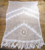 Large cream coloured crochet bed cover, cotton with fringe
