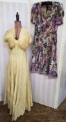 1950's yellow damask evening gown, strapless with a slightly boned bodice, bolero jacket with