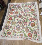 Suzani - large embroidered suzani, silk on linen, large Ottoman design of flowers with foliate